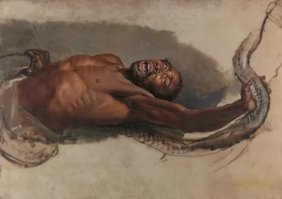 Man Struggling With A Boa Constrictor Study For The Liboya Serpent Seizing His Prey