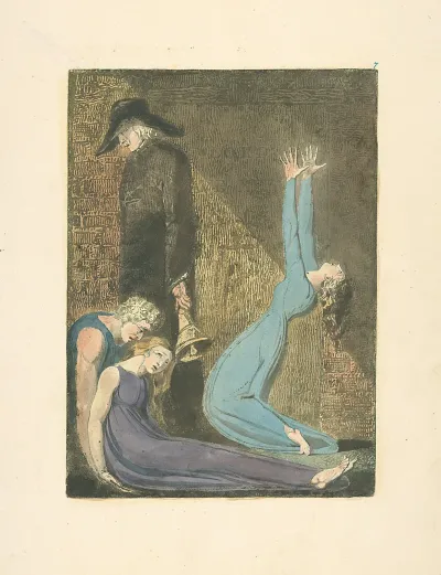 Man Supporting Supine Woman Aged Man With Bell And Woman In Blue Dress Arms Raised In Suppliction