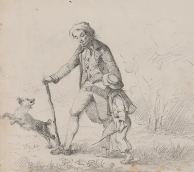 Man Walking With Barefoot Boy And Dog