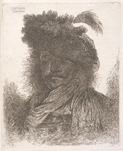 Man Wearing A Plumed Fur Cap And Scarf