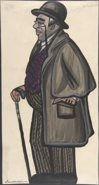 Man Wearing A Purple And Red Vest With A Pince Nez And Bowler