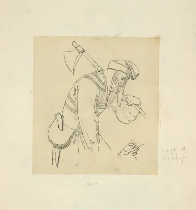 Man Wearing Bonnet With Ax And Knife Sheathed Within Purse Attached To His Belt