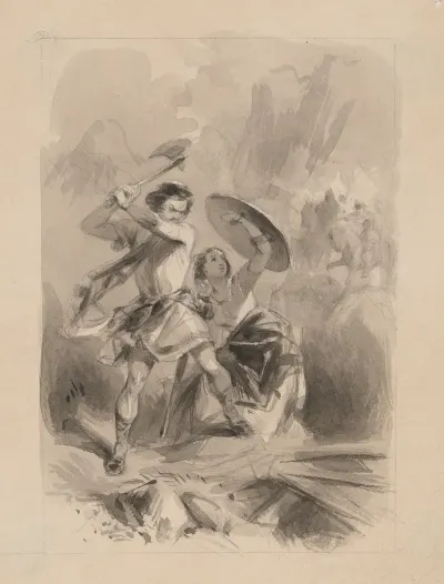Man Wielding Ax And Woman Holding Shield