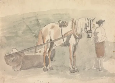 Man With A Horse Harnessed To A Roller