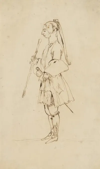 Man With A Long Pigtail And A Stick Standing In Profile To The Left