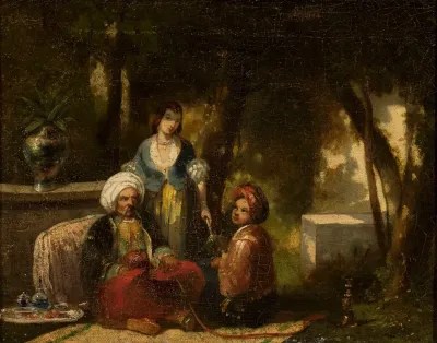 Man With A Narghile Against Forest Landscape