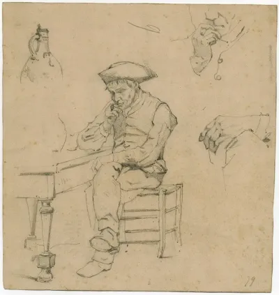 Man With A Pipe Sitting At A Table Study Of A Hand Smoking Man And A Jar