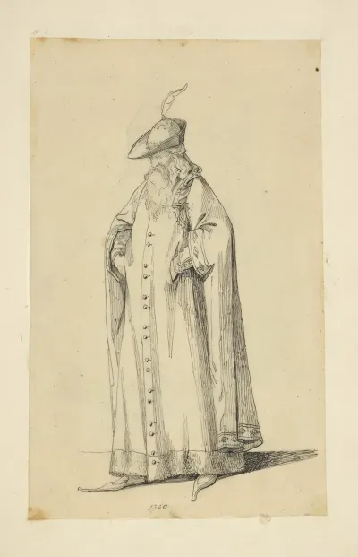 Man With Beard In Long Cape Hat With Plume And Pointed Shoes