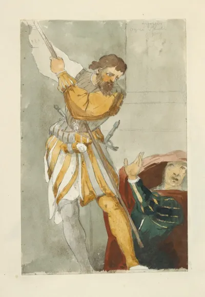 Man With Beard In Pantaloons And Tights Drawing Back A Long Staff Menacingly Frightened Woman Standing Below