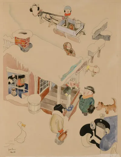 Man With Car Getting Directions From A Man Standing On Store Porch During Winter