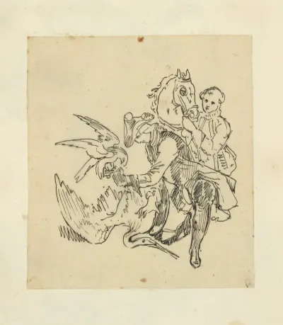 Man With Falcon Standing Over A Large Bird And Man With Horse