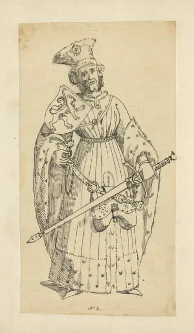 Man With Heraldic Shield Sword And Purse Hanging From Belt Wearing Fur Trimmed Coat And Fur Hat
