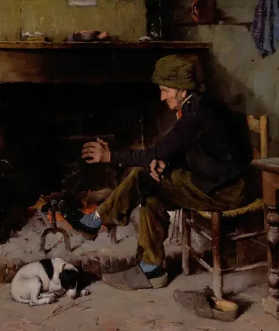 Man With His Dog Before A Hearth