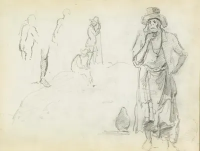 Man With His Hand To His Chin With Sketches Of Men In Profile And A Leg