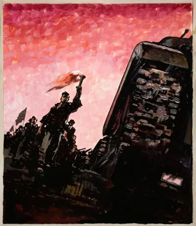 Man With Lighted Torch At Head Of A Column Of Civilians Some Carrying Flags Marching Beside Tanks