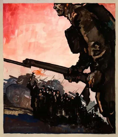 Man With Lighted Torch At Head Of A Column Of Civilians