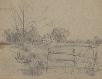 Man With Rifle Leaning Against Fence Near House With Outbuildings