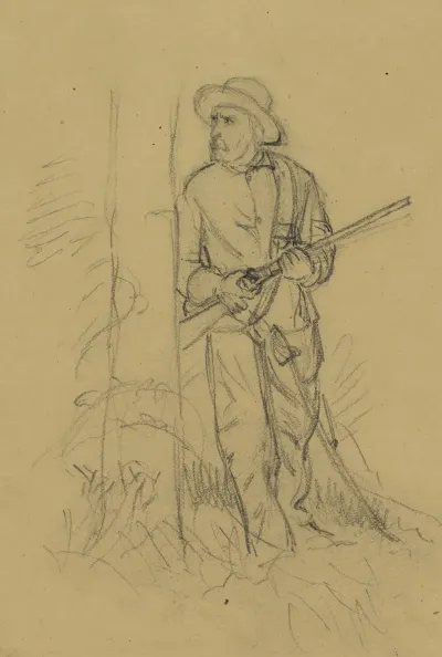 Man With Rifle Peering Around Tree