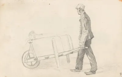 Mann Med Et Trillebar Og En Ape