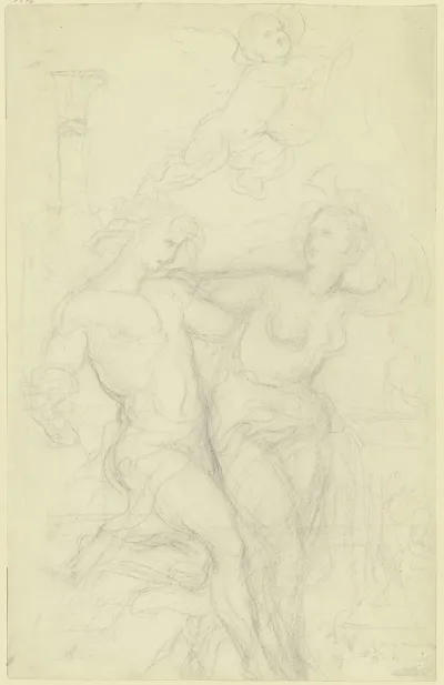 Mannlicher Und Weiblicher Halbakt In Antikischer Umgebung Daruber Schwebend Ein Harfe Spielender Putto
