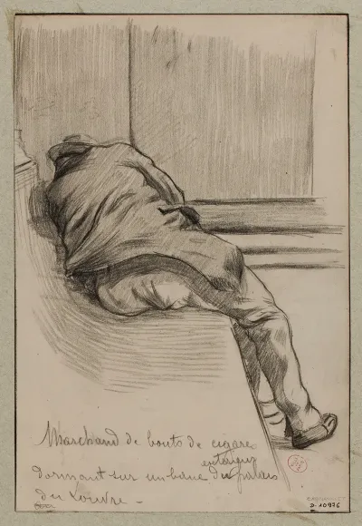 Marchand De Bouts De Cigares Dormant Sur Un Banc Exterieur Du Palais Du Louvre