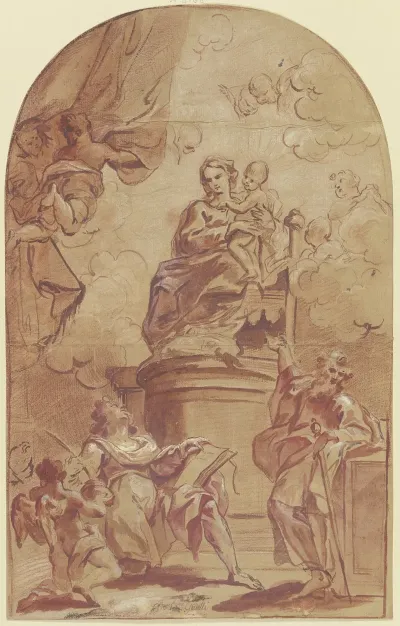Maria Auf Dem Throne Dabei Der Heilige Paulus Und Der Heilige Matthaus Mit Dem Engel