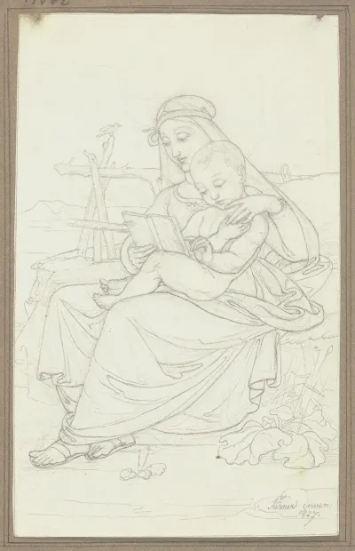 Maria Auf Einer Rasenbank Mit Dem Jesuskind Lesend