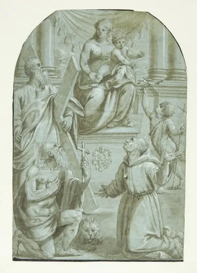 Maria Med Jesusbarnet Tronende Omgivet Af Apostlen Andreas Johannes Doberen Som Barn Den Hellige Jeronimus Og Den Hellige Frans Af Assisi