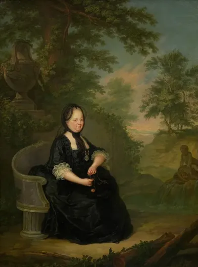 Maria Theresia In Witwentracht Auf Einer Steinbank Sitzend