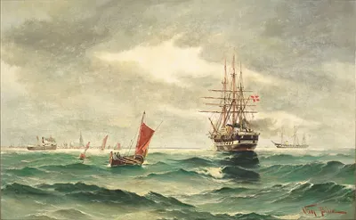 Marine Med Skibe Ud For By Ved Kysten