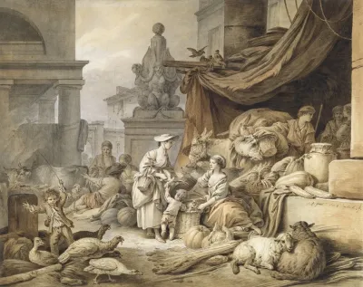Market Scene With A Fantastic Sculpture