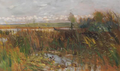 Markische Seenlandschaft Mit Entenjager Im Kahn Stehend