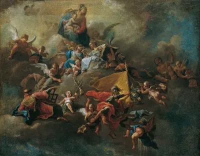 Mary With The Child And Saints Enthroned On Clouds