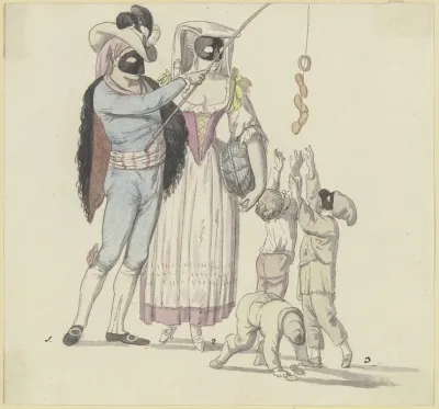 Maskenszene Mit Fischer Und Frascatanerin Ein Maskiertes Paar Der Mann Mit Einer Angel An Der Wurstchen Hangen Nach Denen Drei Knaben Greifen