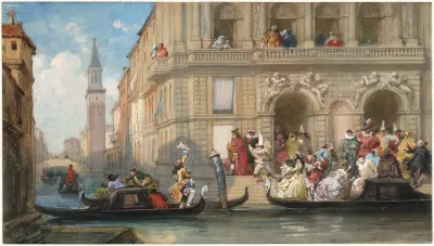 Masqueraders Boarding Gondolas Before A Venetian Palazzo