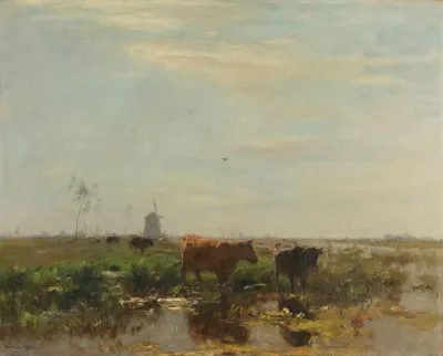 Meadow With Cows By The Water