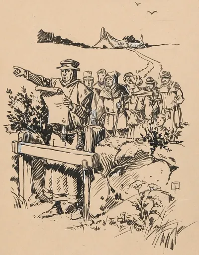 Medieval Motif Man Reads Document Aloud And Points To Something Outside The Frame Of The Picture