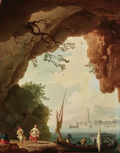 Mediterranean Coastal Scene With A Couple Dancing Under An Overhanging Rock A Boat Nearby