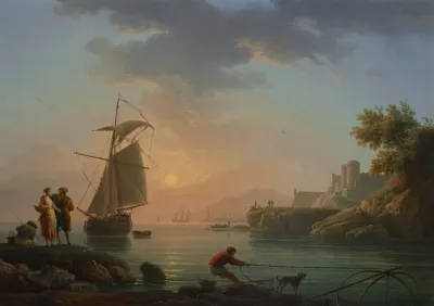 Mediterranean Port At Sunset With A Fisherman In The Foreground