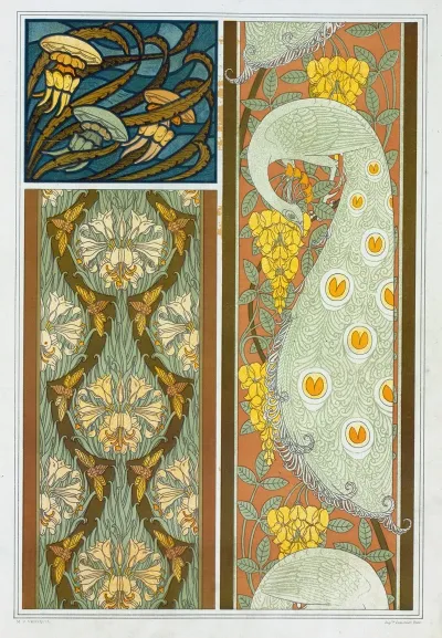 Meduses Et Algues Vitrail Cigales Et Lis Paons Et Cytise Bordures