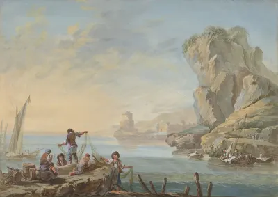 Meeresbucht Mit Grosen Felsen Rechts Und Fischern