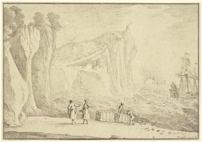 Meeresstrand An Hohen Felsenufern Auf Welchem Ein Leuchtturm Und Ein Schlos Stehen Vorne Funf Personen Und Zwei Warenballen