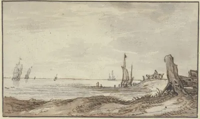 Meeresstrand Mit Ruhiger See Rechts Im Mittelgrunde Halt Ein Wagen Sieben Segel In Sicht