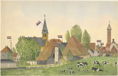 Mei 1945 De Nederlandse Vlag Wappert Op De Daken L De Ned Herv Kerk R De Rk Kerk Vanuit Het Noordwesten Met Een Gedeelte Van Het Krommenieerpad