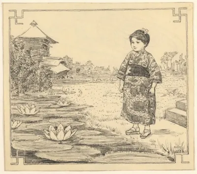Meisje In Kimono Bij Een Vijver Met Lotusbloemen