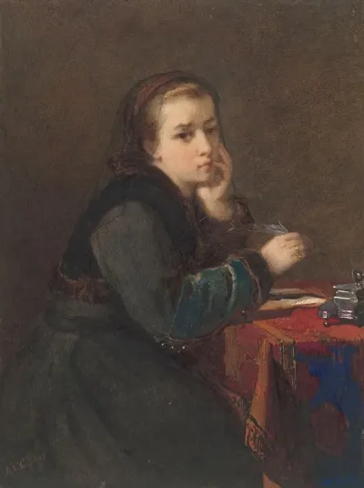Meisje Zittend Schrijvend Aan Een Tafel