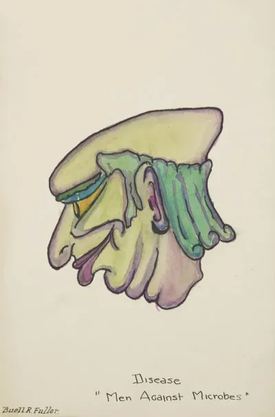 Men Against Microbesmarionettes Disease Head With Purple Lips And Green Balding Hair
