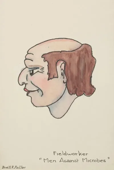 Men Against Microbesmarionettes Fieldworker Head With Pink Lips And Balding Brown Hair