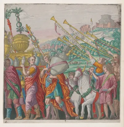 Men Carrying Trophies At Left Trumpeters At Right
