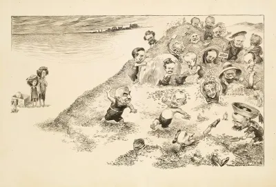 Men Including Andrew Carnegie Play On A Beach Made Of Coins Watched By Three Poor Children And Their Dogs